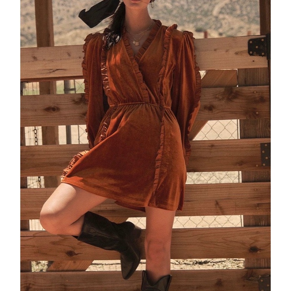 Ces Rust Orange Velvet Ruffle Surplice Mini Dress boho whimsigoth S NWT western